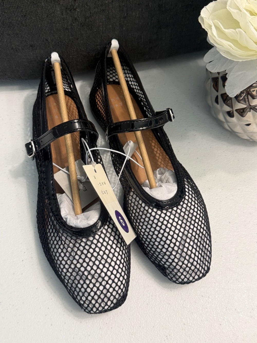 a new day Black Mesh Mary Jane Flats